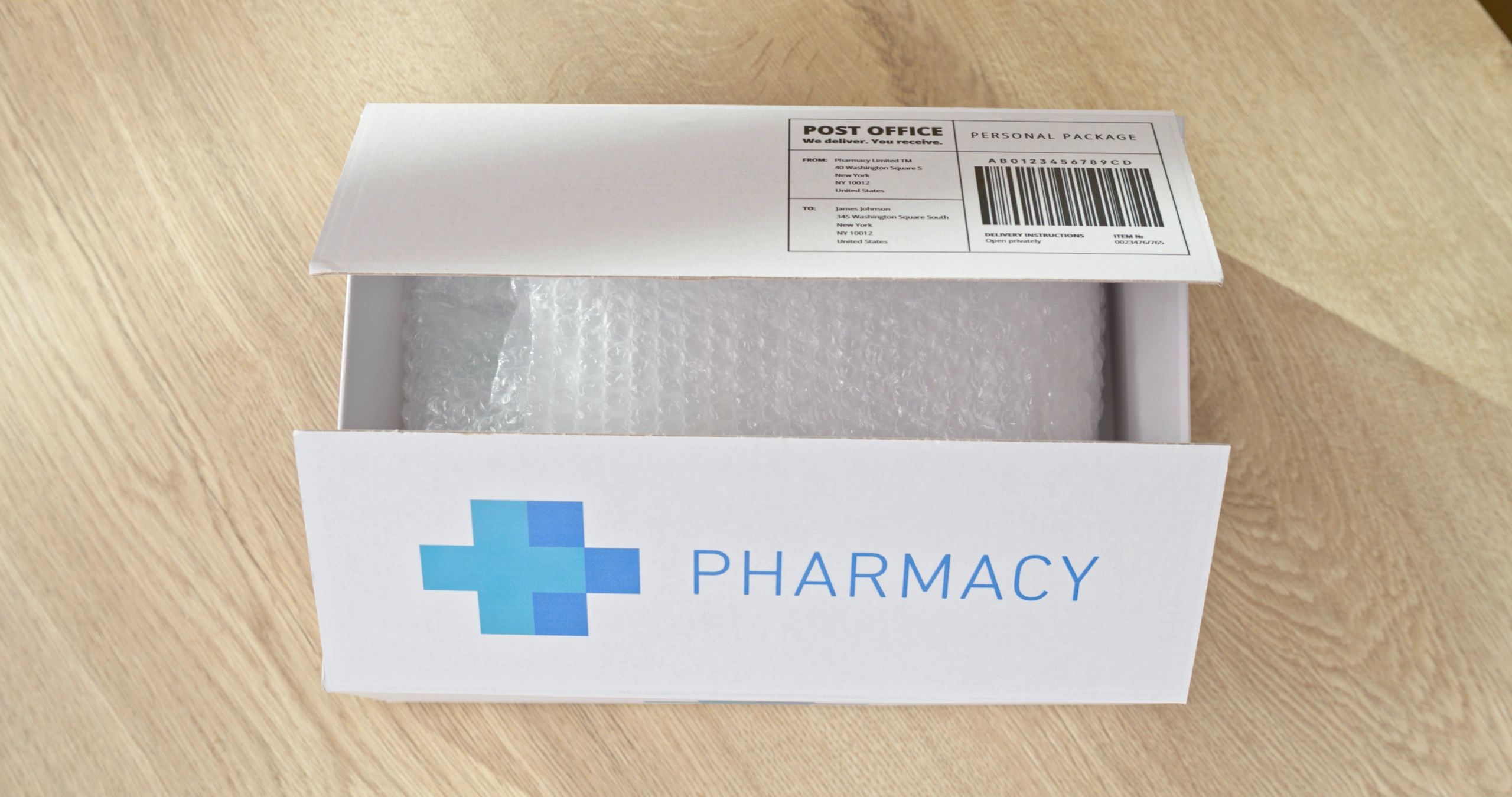 White pharmacy box on a kitchen countertop