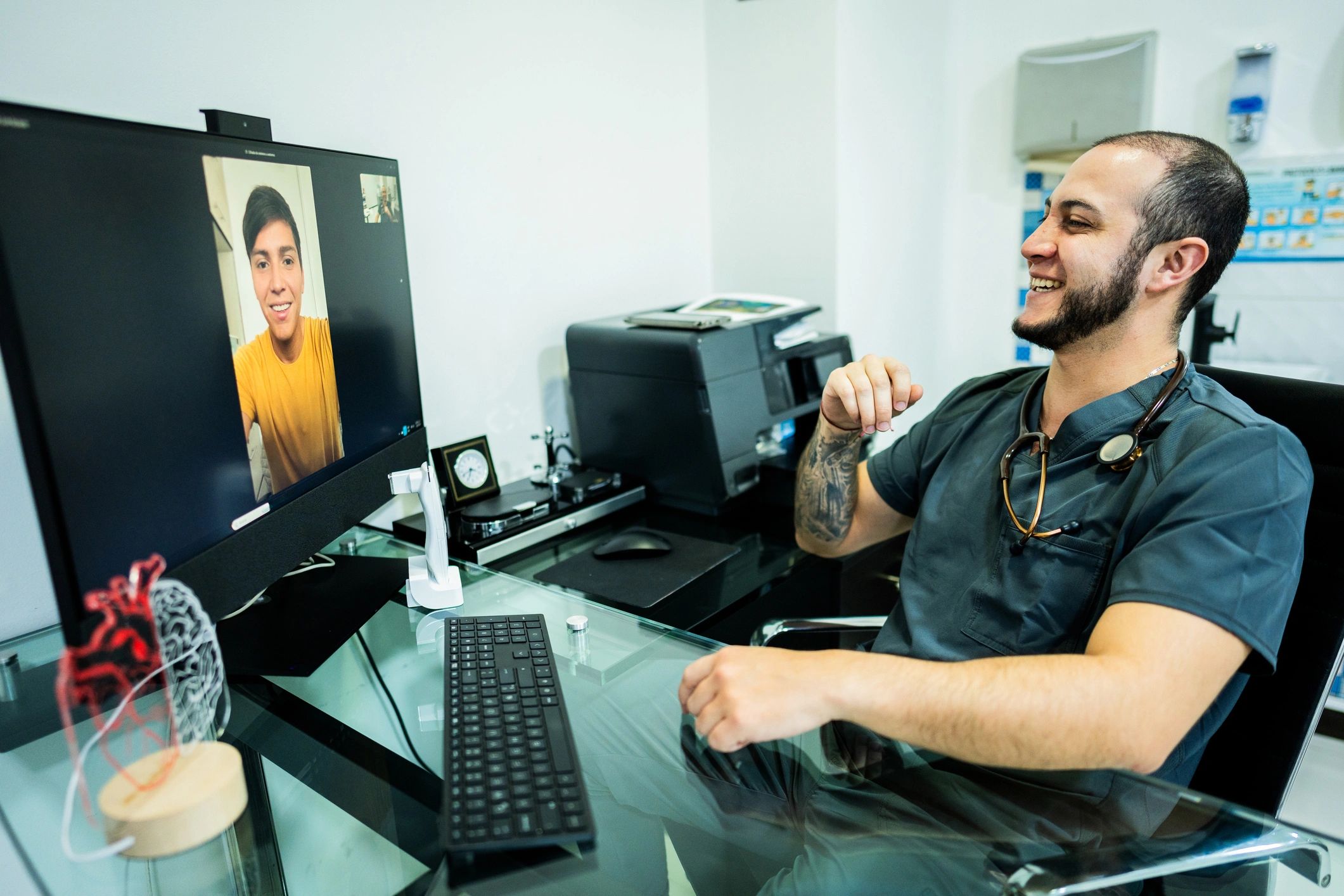 Doctor speaking on a video call from a medical office